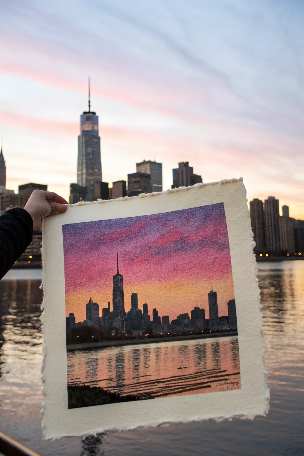 Oil pastel city skyline silhouette at twilight with soft, smudged reflections in calm water.