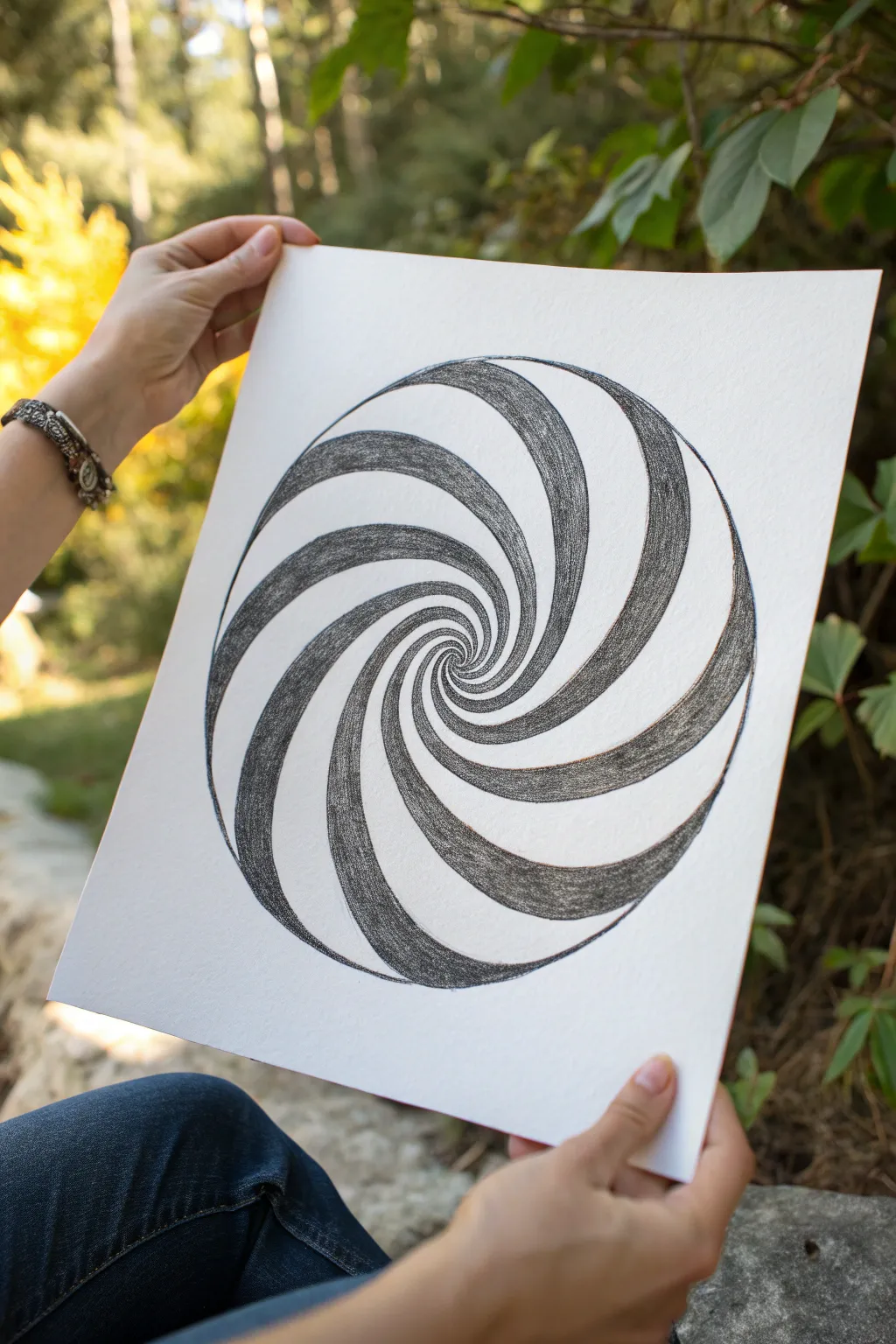 Hypnotic spiral vortex swirl in high contrast ink, minimalist and mesmerizing optical illusion art