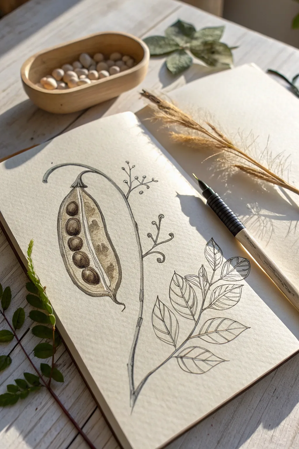 Organic seed pod sketch with spiraling tendrils and a split pod revealing tiny seeds.