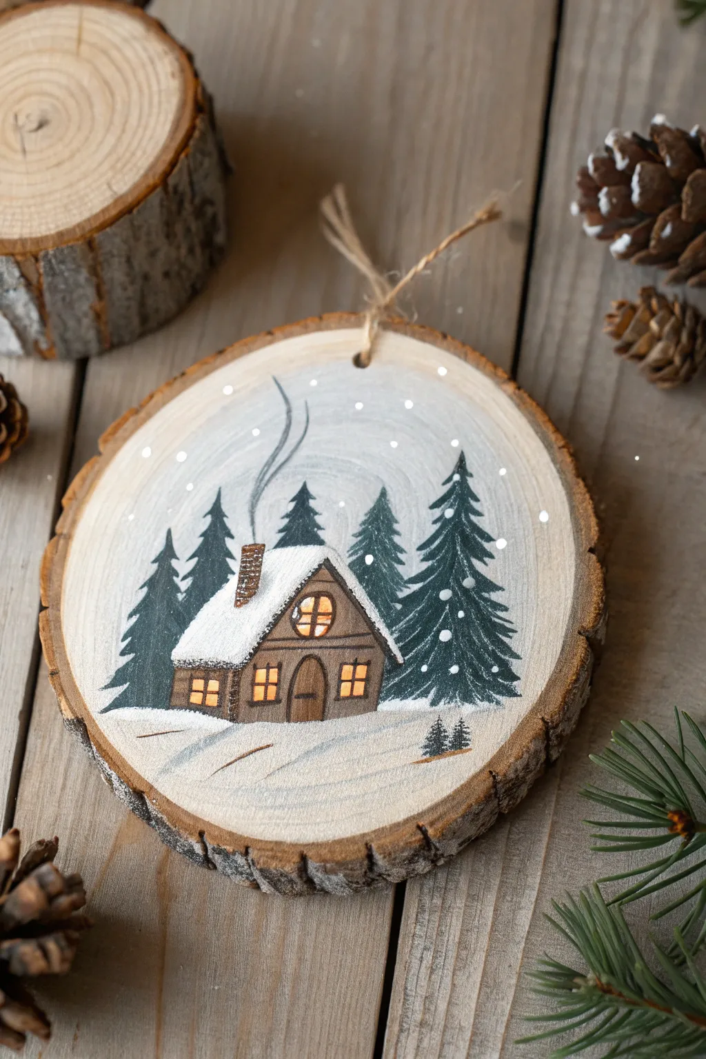 Mini winter cabin wood slice ornaments with snowy roofs, cozy smoke curls, rustic village charm.