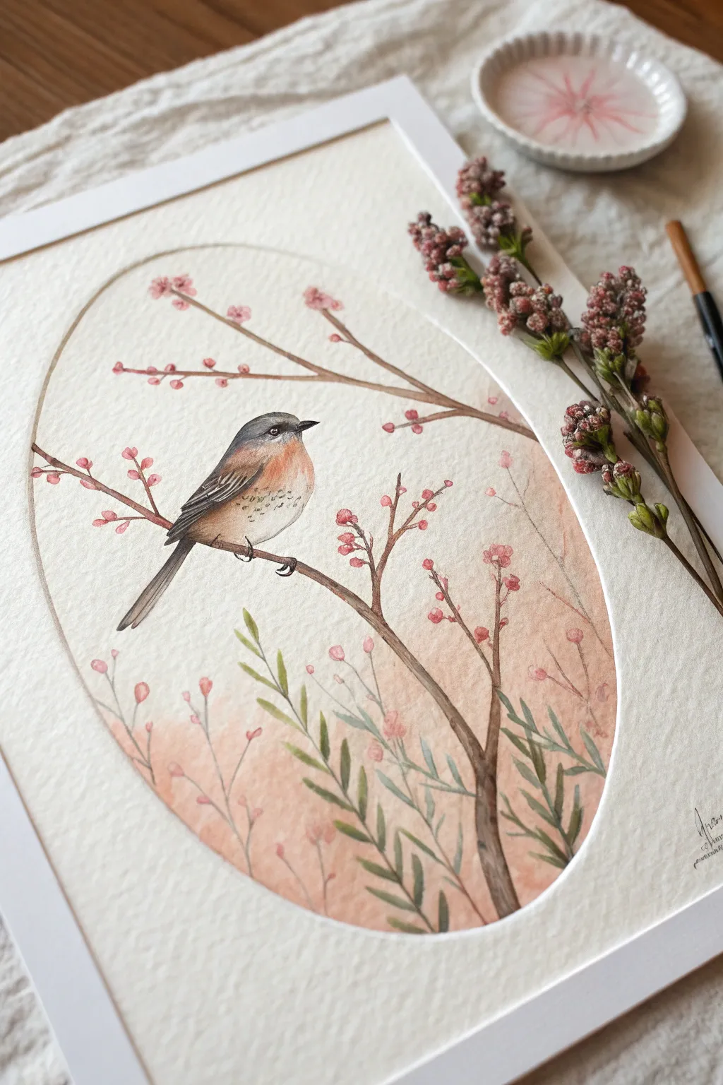 Oval bird-and-branch composition with tapering buds for a calm minimalist boho look