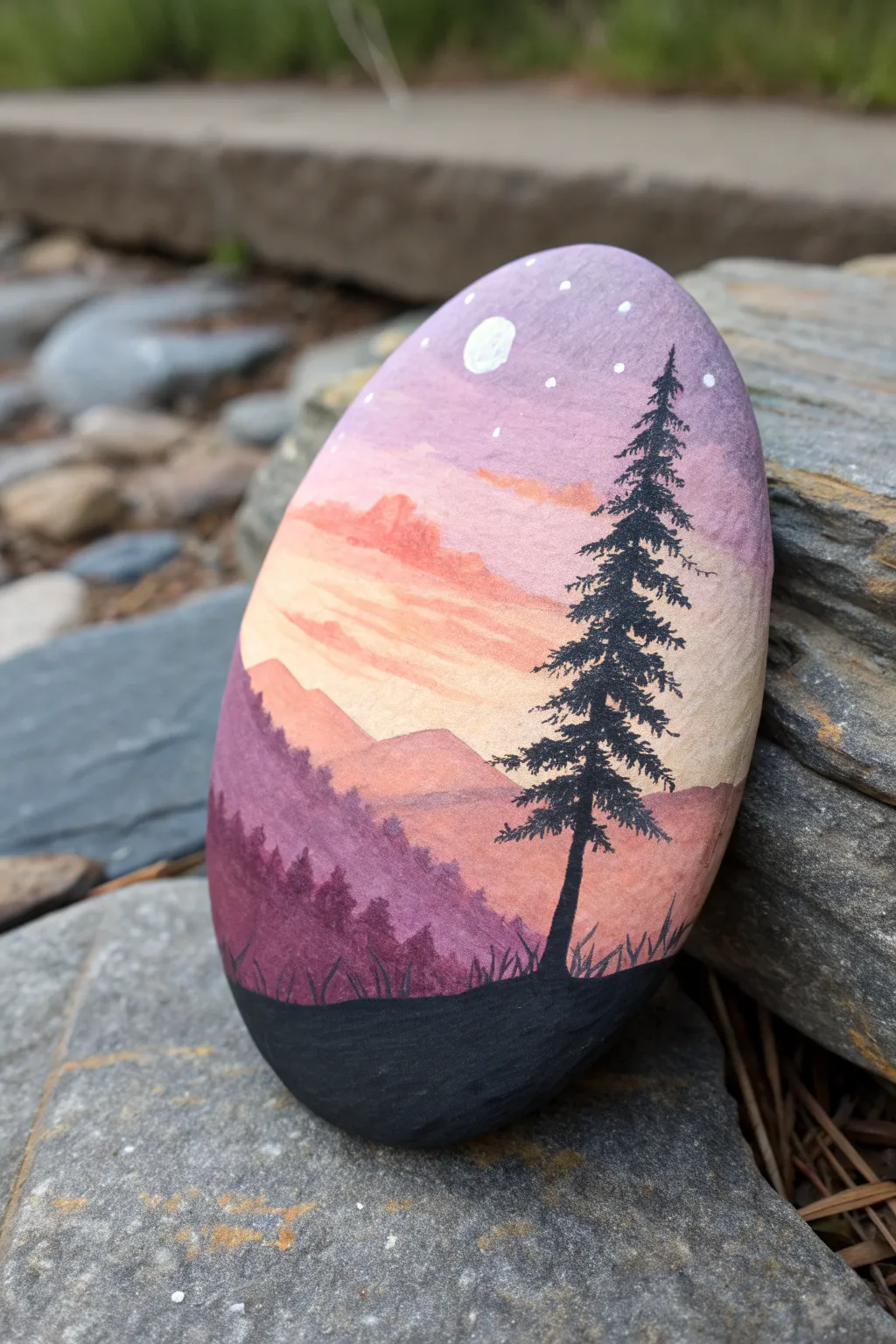 Paint a vertical sunset mini landscape on an oval rock, like a tiny window to the horizon.