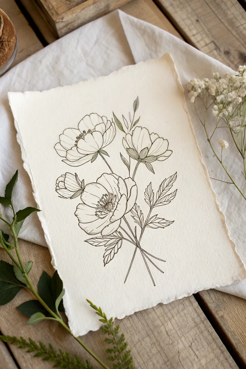 Crowded overlapping blooms with soft color shifts, a minimalist boho floral drawing idea