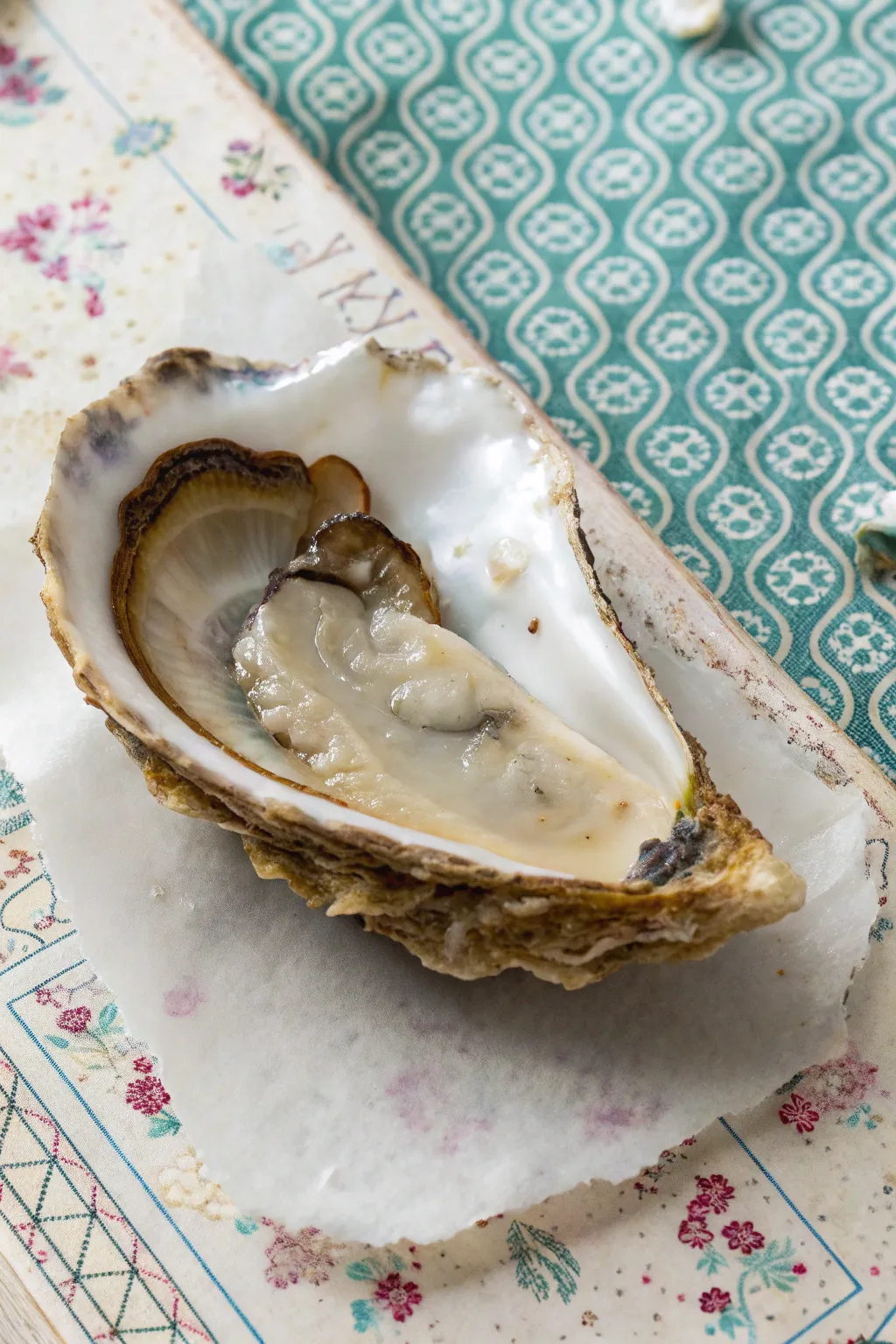 Decoupage oyster shell pattern play, half in-progress and half glossy finished in minimal style