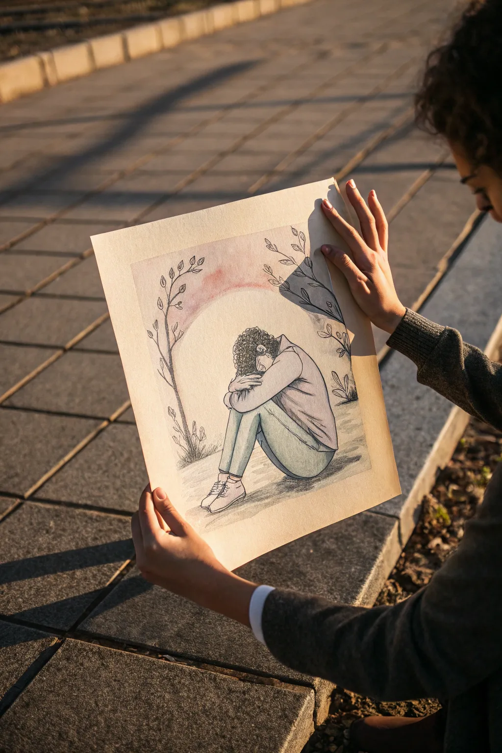 Minimalist sketch of a curled figure with shadow hands, a tender prompt for drawing pain.