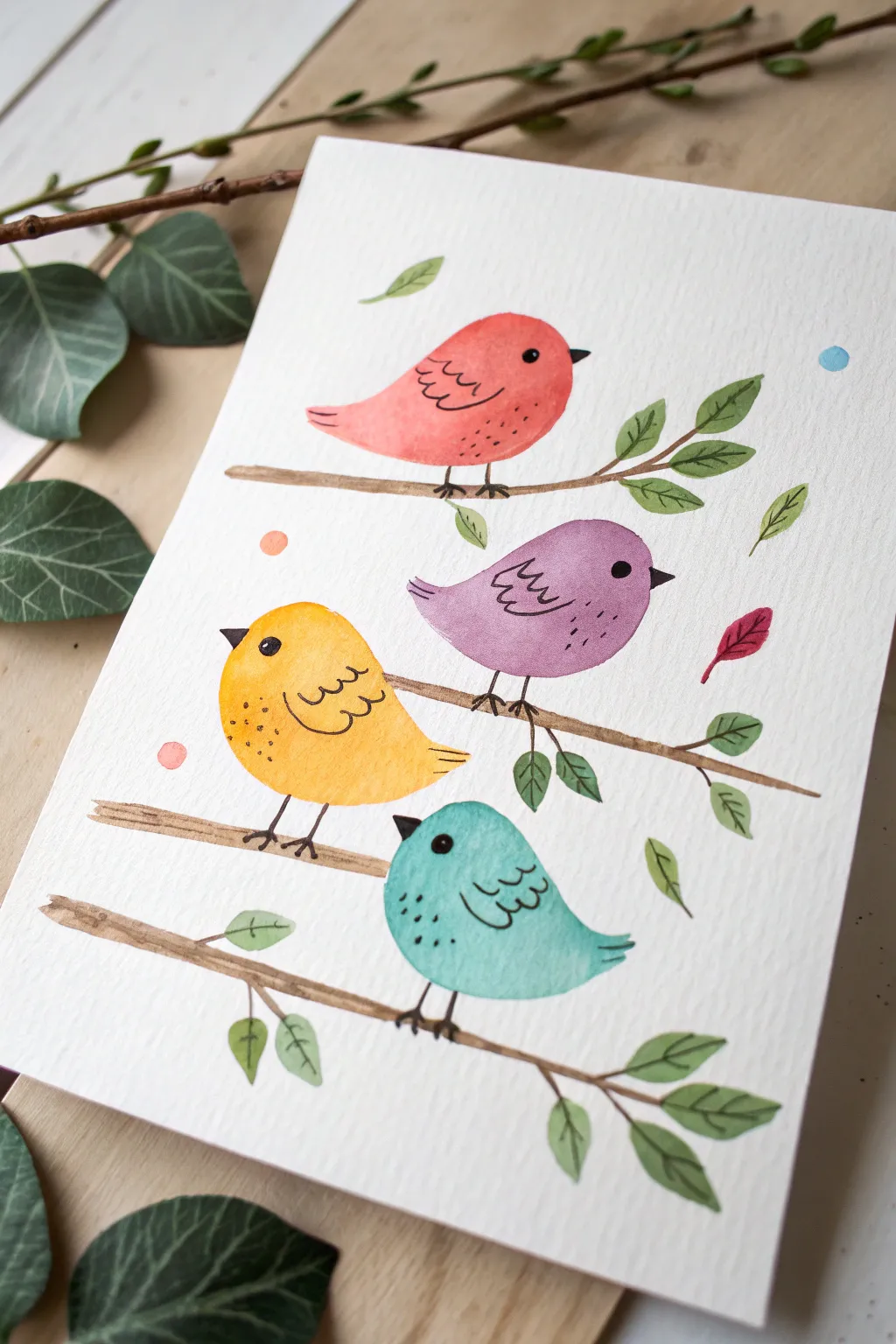 Paint and sip idea: bright minimalist birds stacked on a branch, easy to paint and full of charm