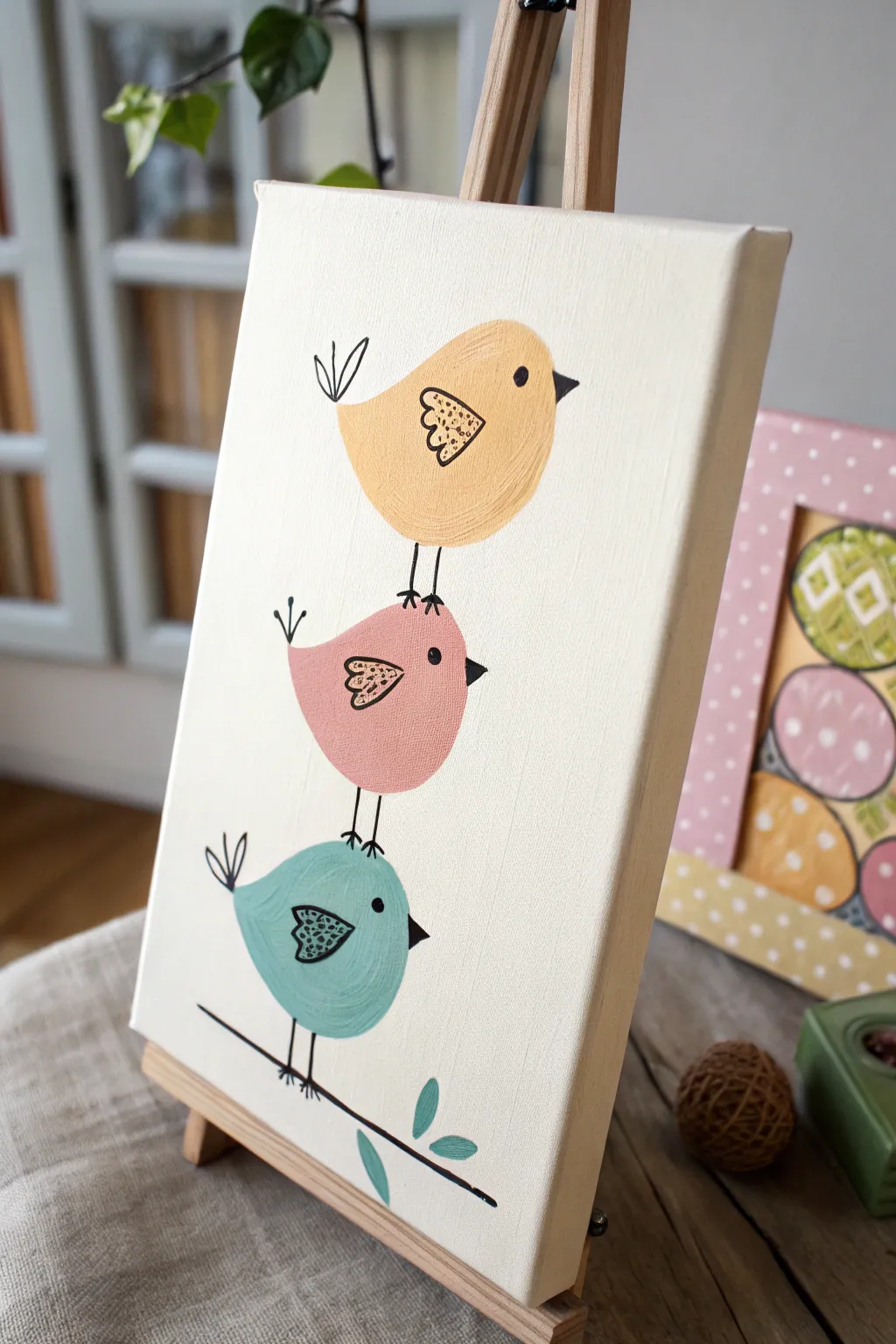 Easy paint and sip idea: cute stacked birds on a branch in playful boho Scandinavian colors