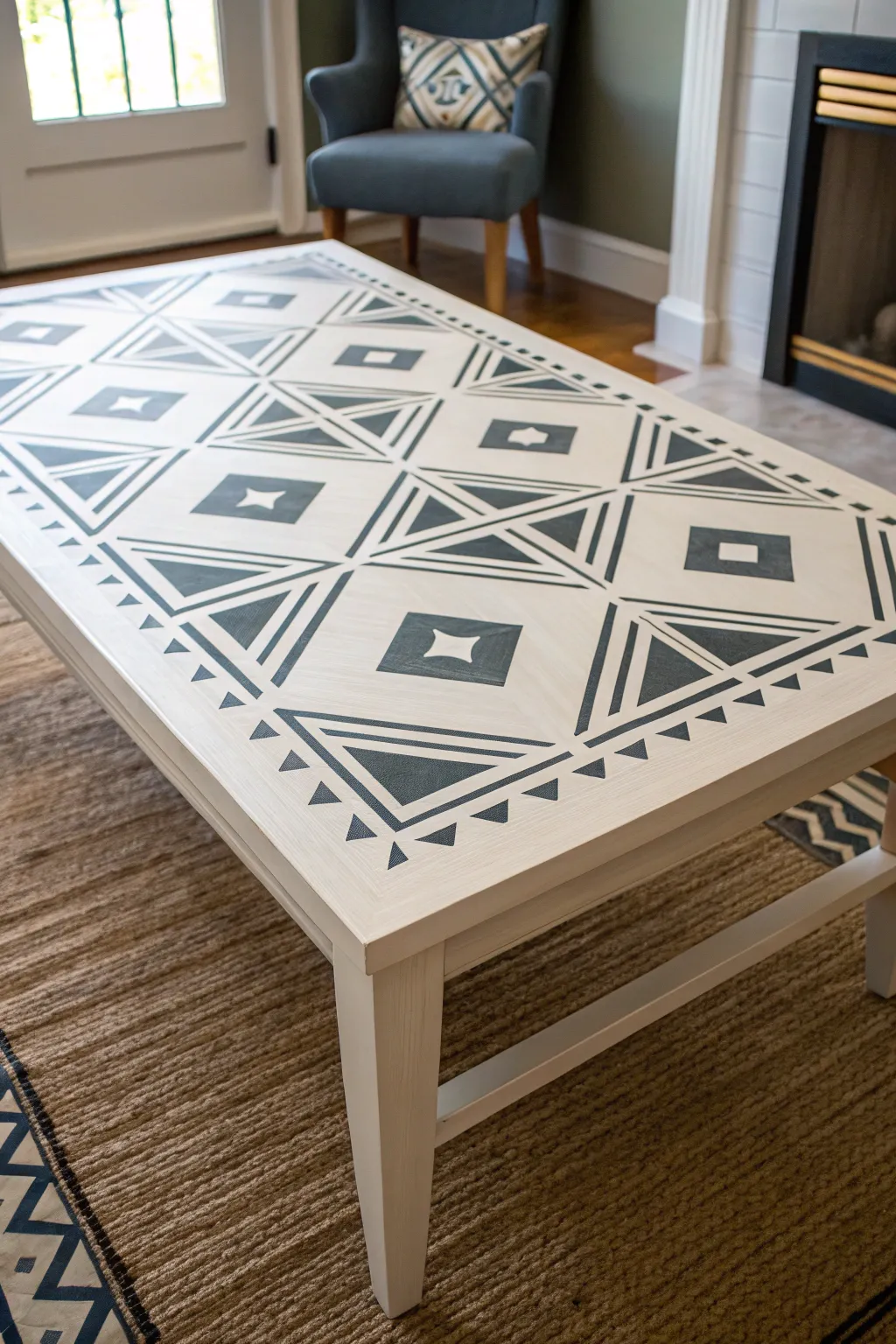 Instant detail: crisp stencil pattern transforms a coffee table top with minimalist boho charm.