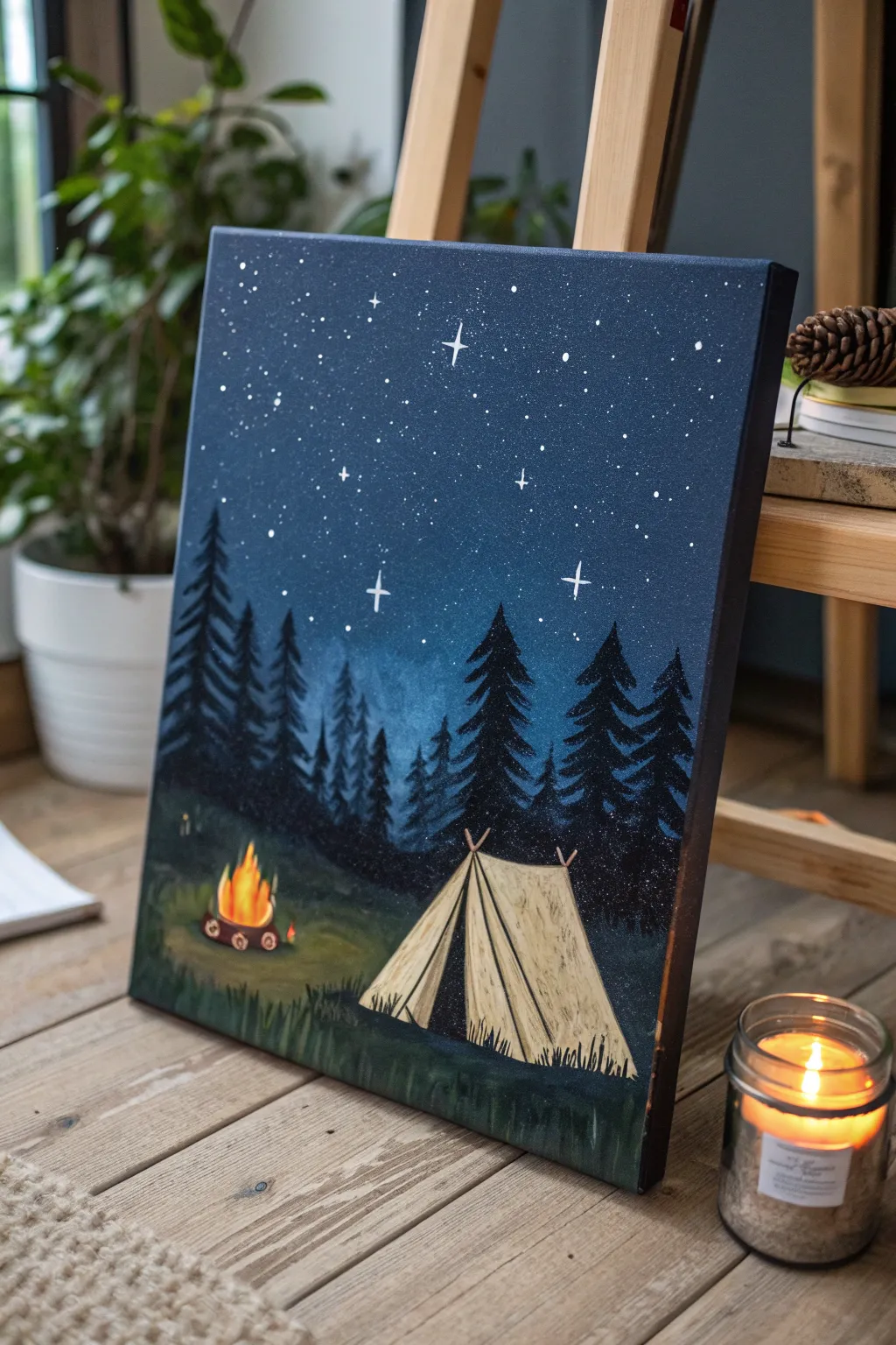 Cozy campfire silhouette on a midnight canvas, minimalist Nordic-boho calm beneath stars