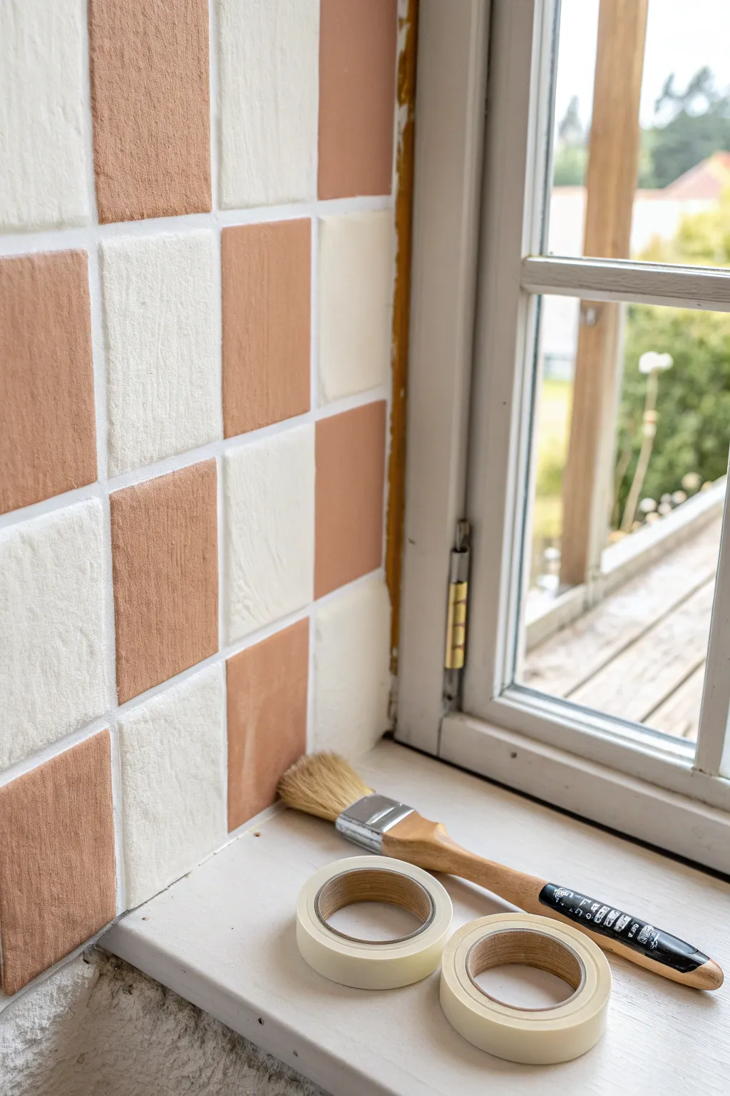 DIY checkerboard accent wall that turns a quiet corner into a modern Scandinavian statement.