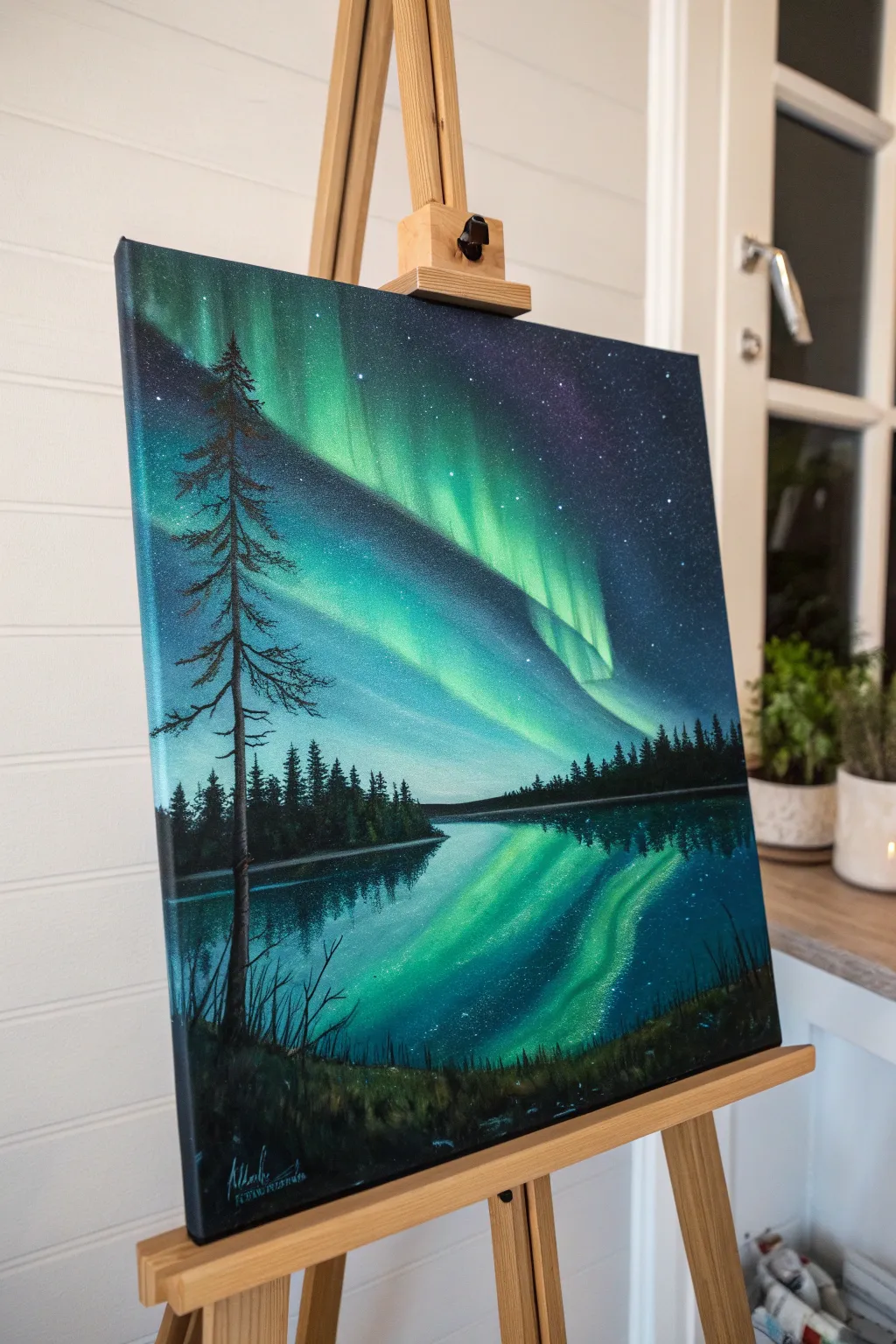 Northern lights paint night inspiration: simple aurora ribbons with reflections, easy and elegant