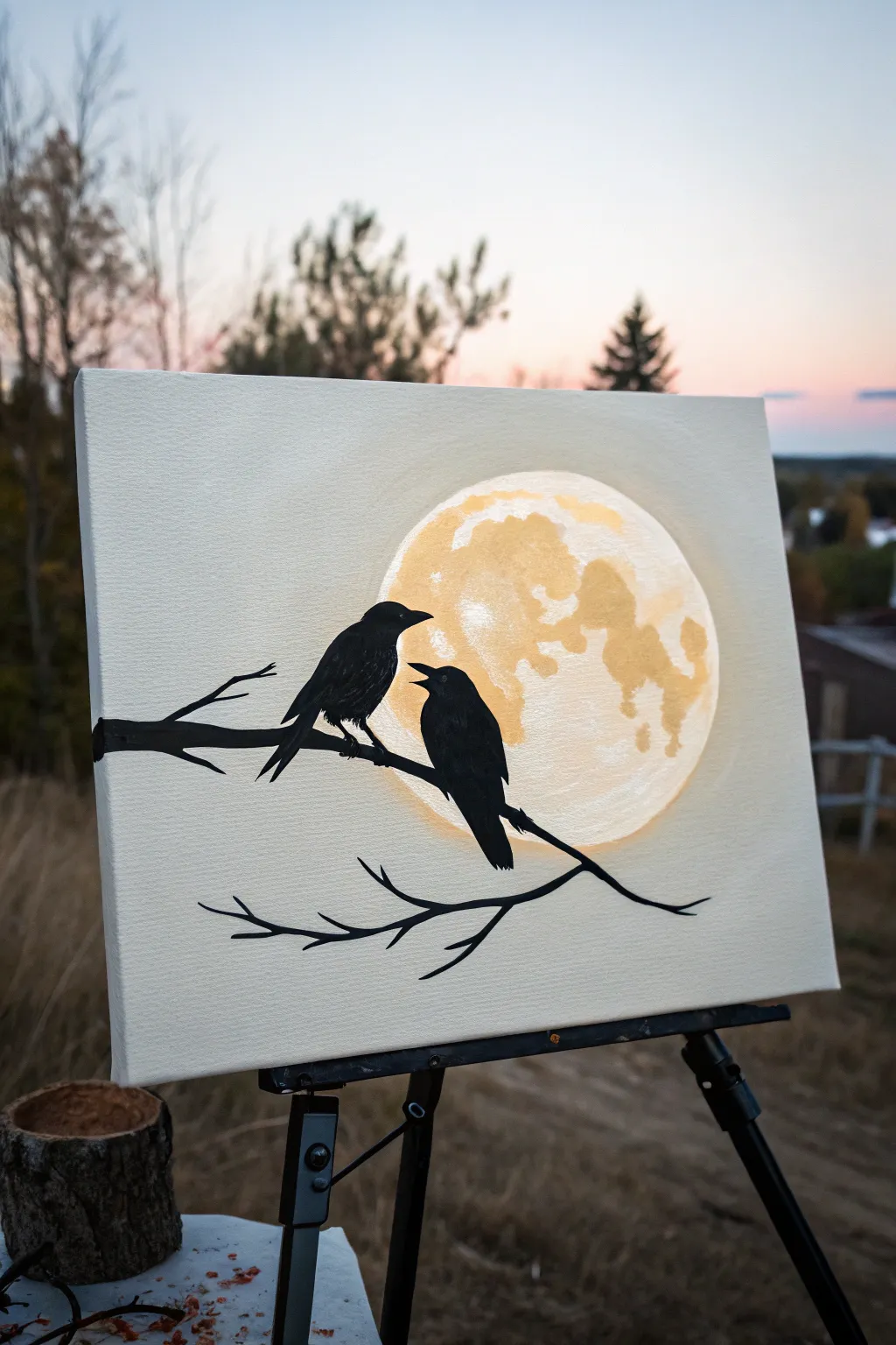 Cute love birds on a branch under a heart-glow moon, perfect for an easy paint party