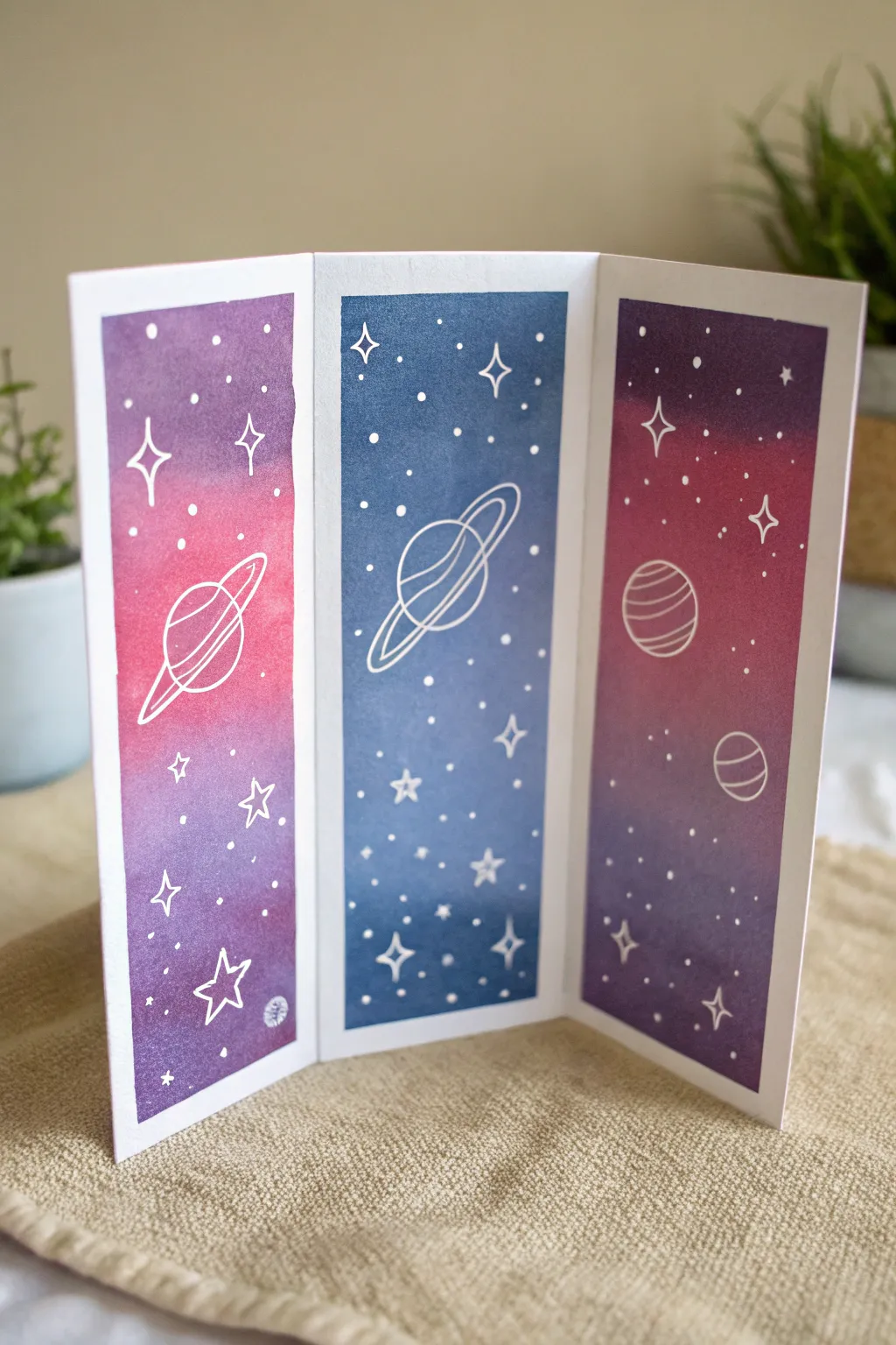 Minimal paint pen galaxy strips with tiny planets and stars, a chic Scandinavian boho vibe.