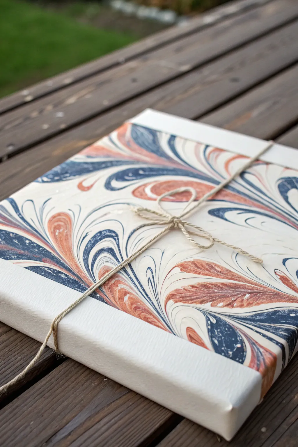 String pull pour magic: curved paint-soaked strings create delicate feathered lines on a wet base.