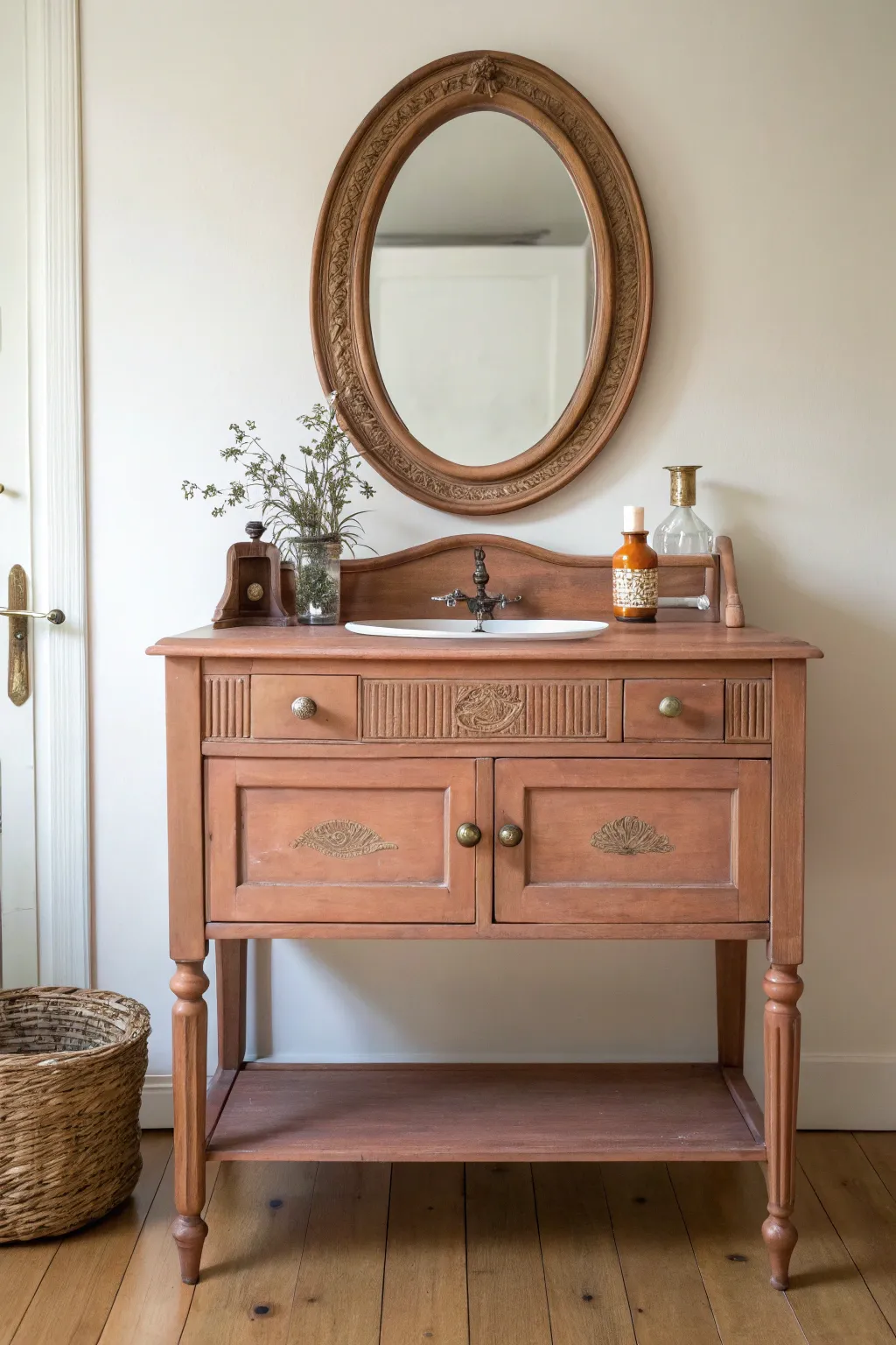 Monochrome-painted antique vanity and mirror for a clean, timeless statement with subtle boho charm