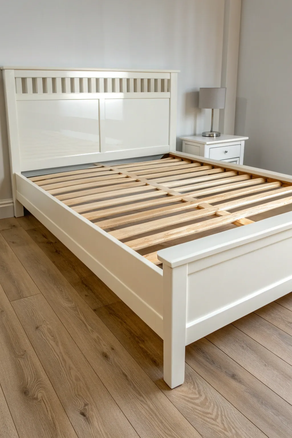 High-gloss lacquer bed frame idea with sleek shine, crisp edges, and Scandinavian minimal calm.