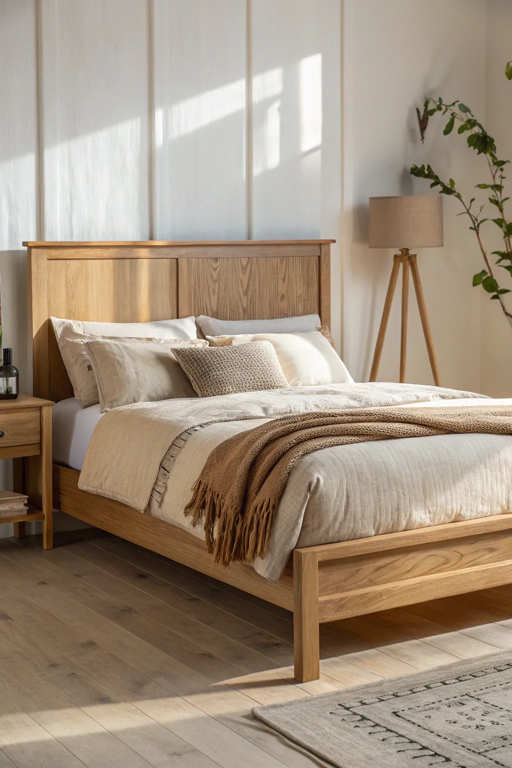 Natural wood headboard with soft painted rails, styled in earthy linens and warm glow.