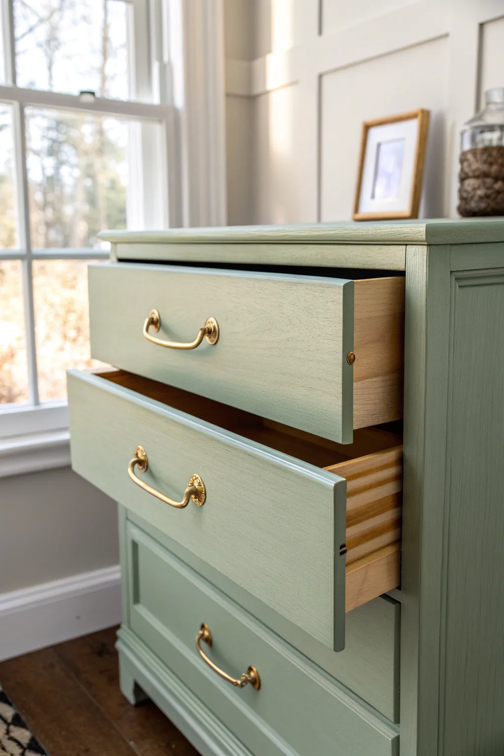 Fresh brass pulls on a sage dresser add the final polished touch to painted bedroom storage.