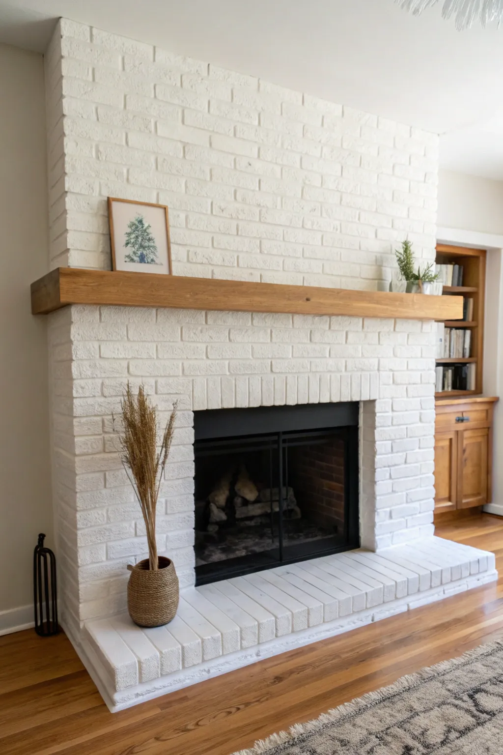 White painted brick fireplace with a matte black firebox for instant depth and modern contrast