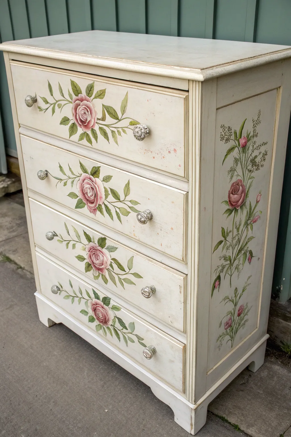 Floral hand-painted chest with soft vintage charm, minimalist styling, and natural light contrast