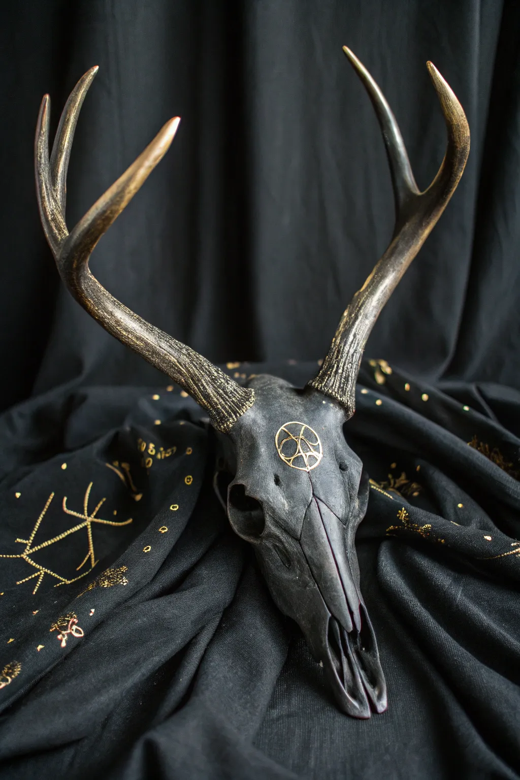 Matte black deer skull with refined gold symbols for a minimalist boho statement