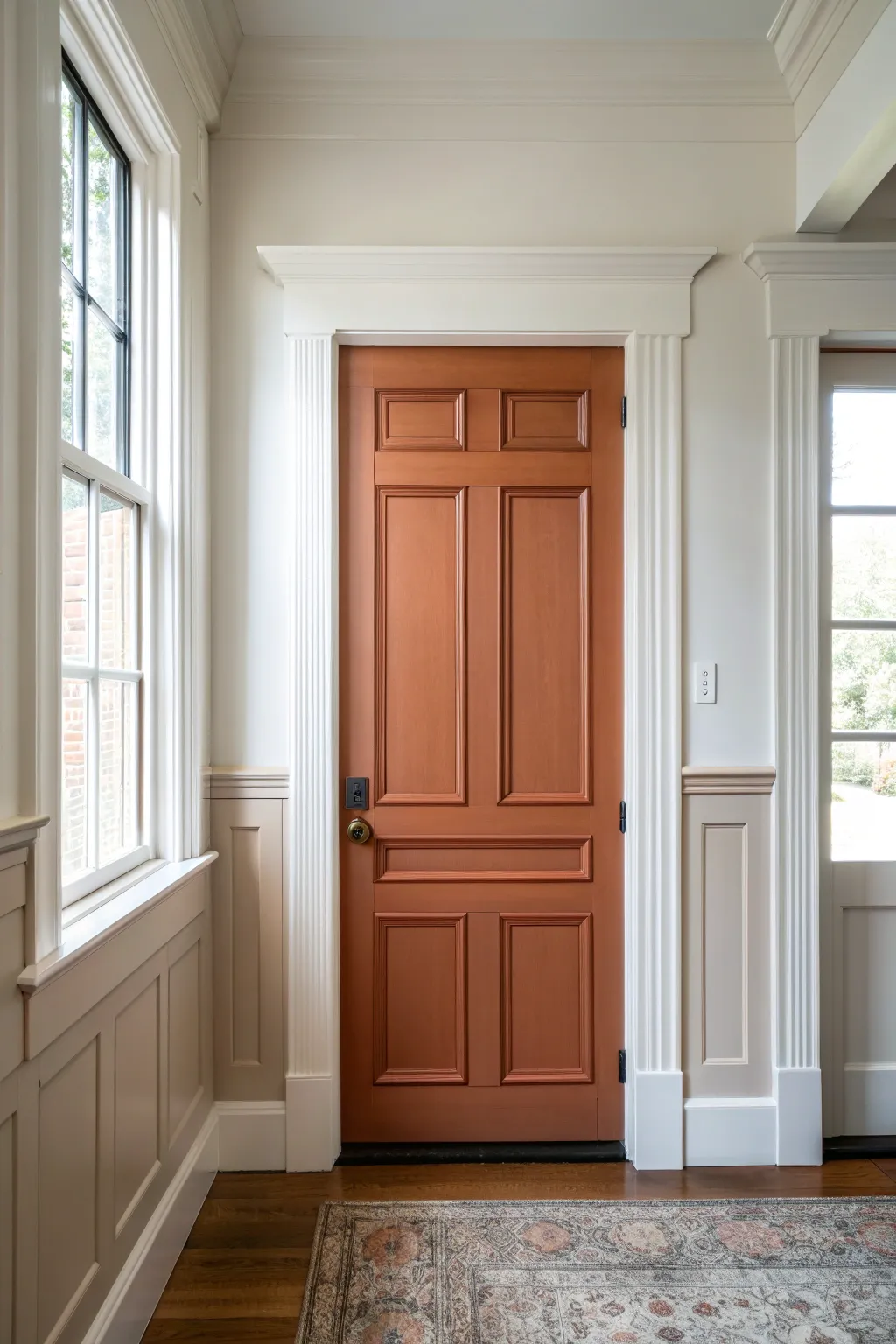 Only the recessed panels pop with color for a crisp, minimalist door refresh with boho warmth.