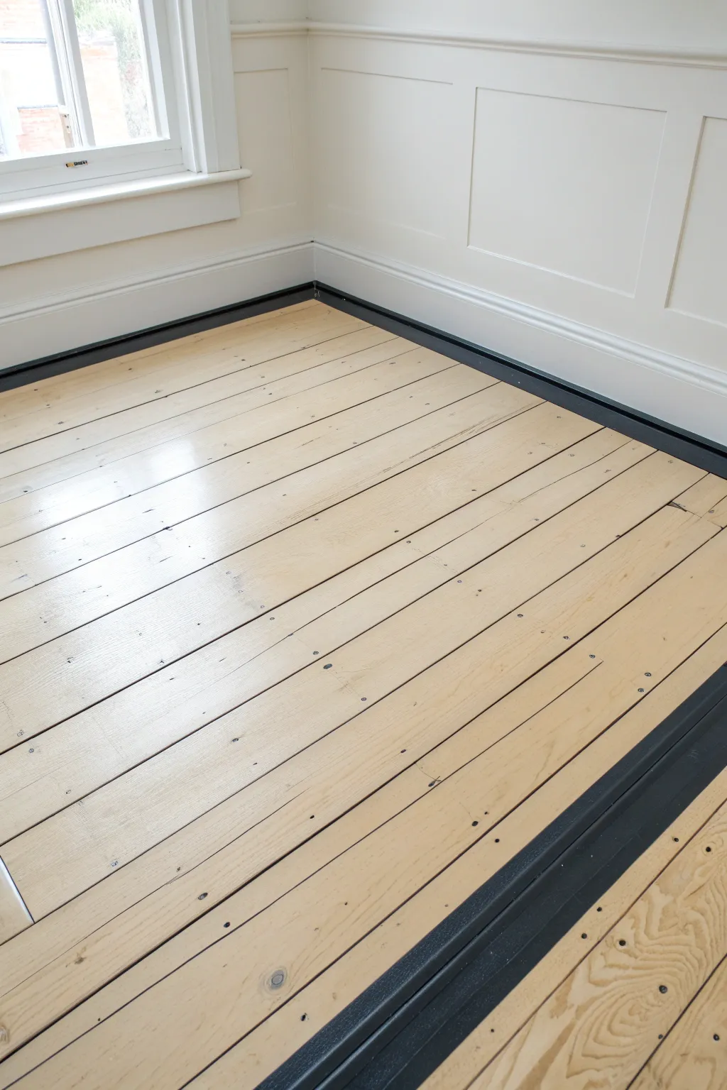 Two-tone painted plywood floor with a crisp perimeter frame that makes the room feel finished.