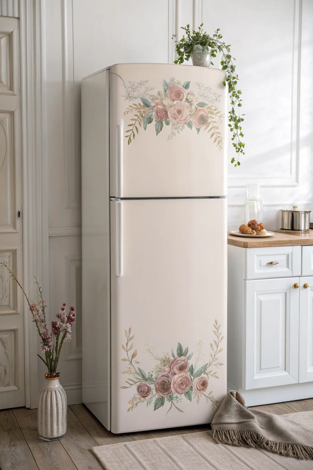 Stenciled floral border transforms a simple painted fridge into a soft Scandinavian boho focal point.