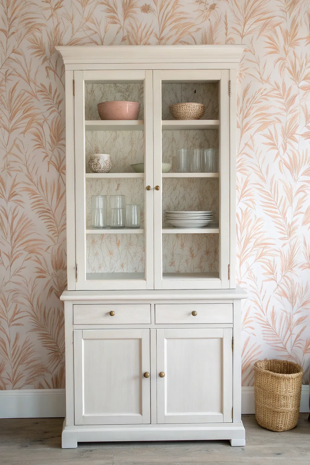 Wallpaper-backed painted hutch, styled with airy shelves for a soft pattern pop in neutrals
