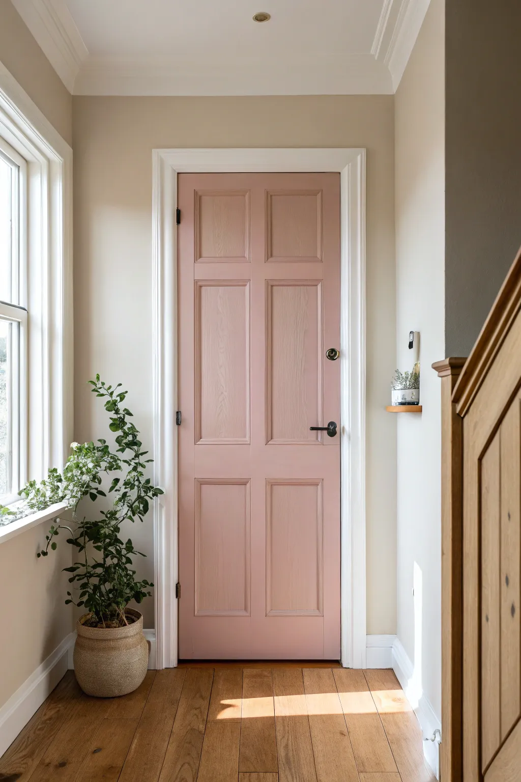 Muted blush-pink door with warm wood and greenery, minimal styling for calm grown-up charm.
