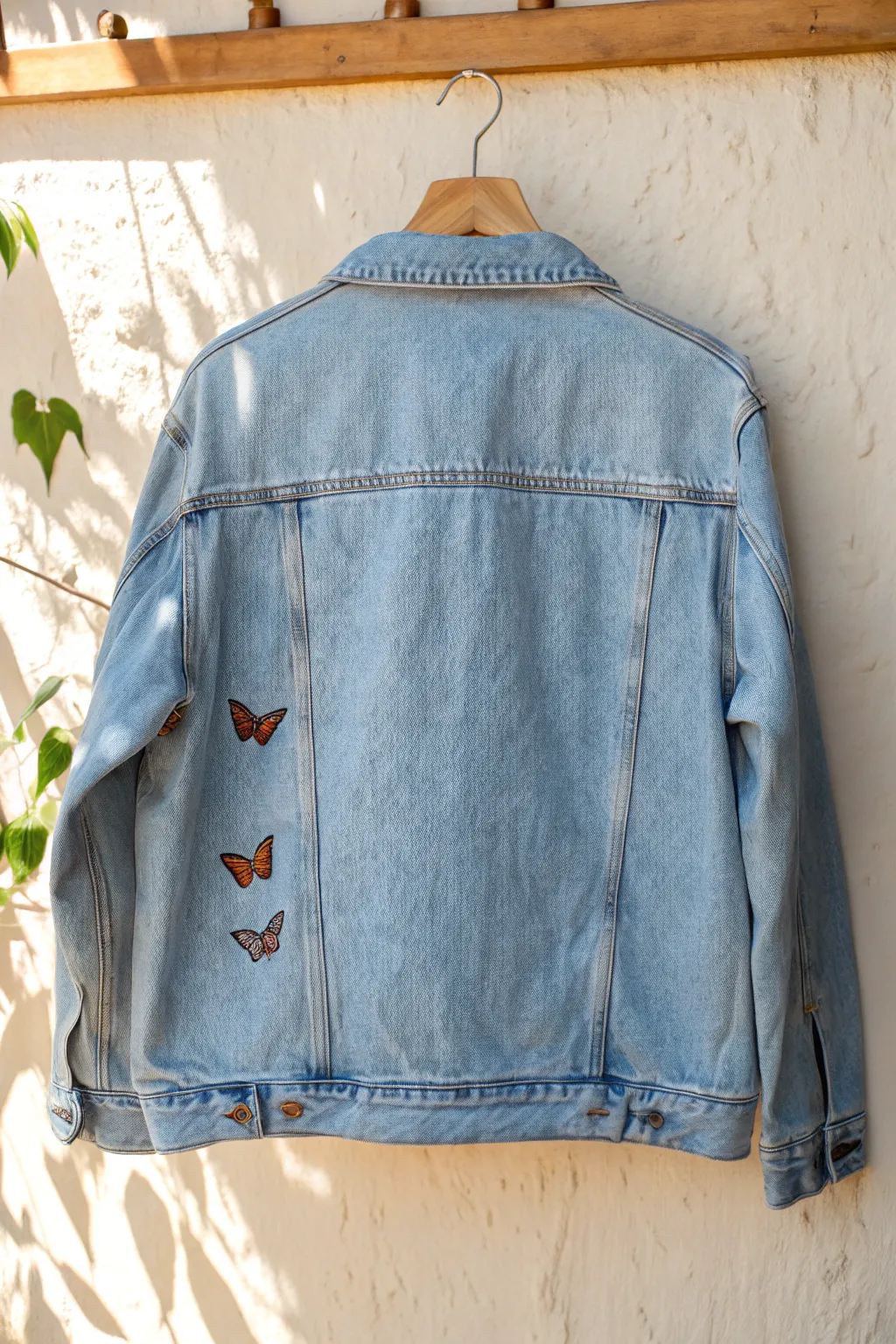 Butterfly swarm gradient on a painted jean jacket, shifting from cool blues to warm sunset tones.