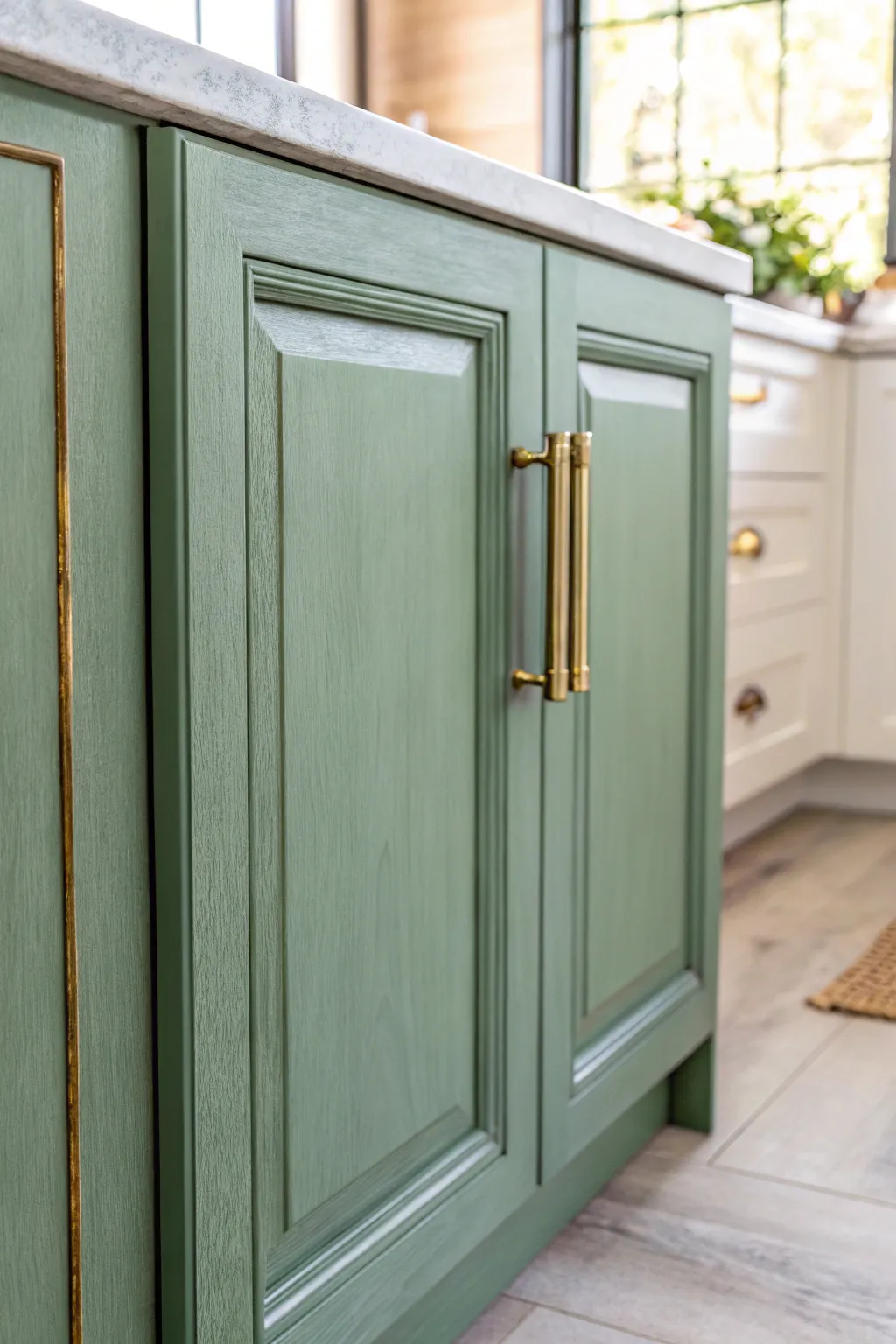 Brushed brass hardware popping against matte sage paint for a clean, modern cabinet upgrade
