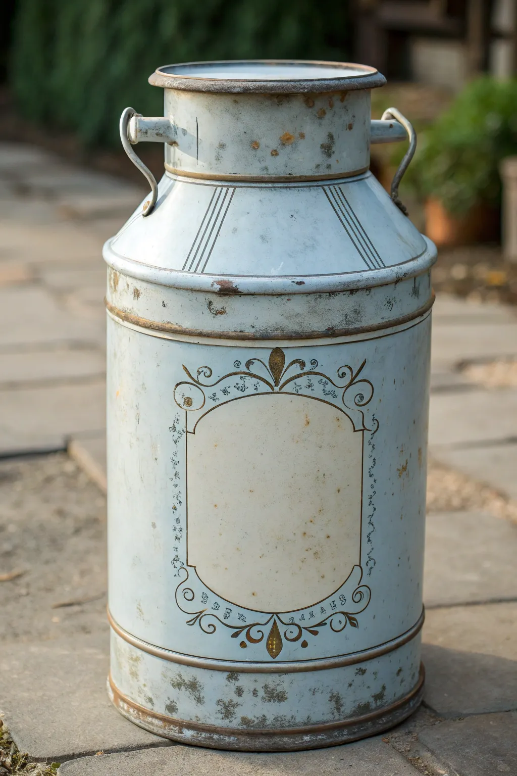 Vintage painted milk can with faded dairy-label borders, Scandinavian minimal boho mood