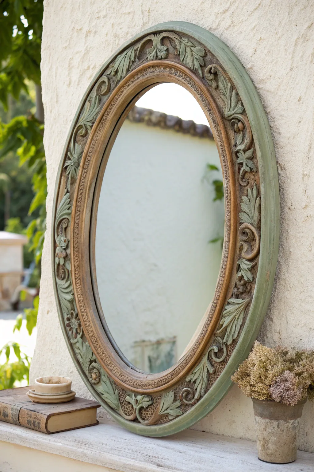 Create a faux patina mirror frame with muted paint and dark wax for timeless vintage charm.