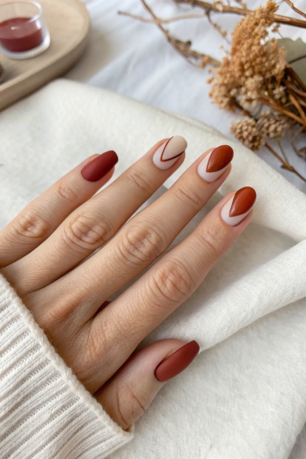 Negative space half-moon nails with bold color-block tips for a clean Scandinavian boho look