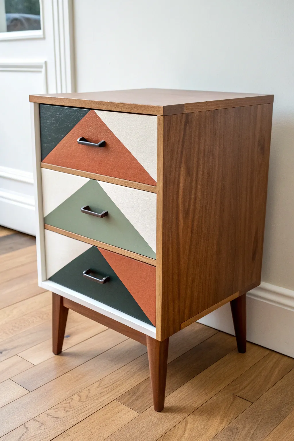 Bold geometric color-block drawers for a modern, cozy nightstand makeover