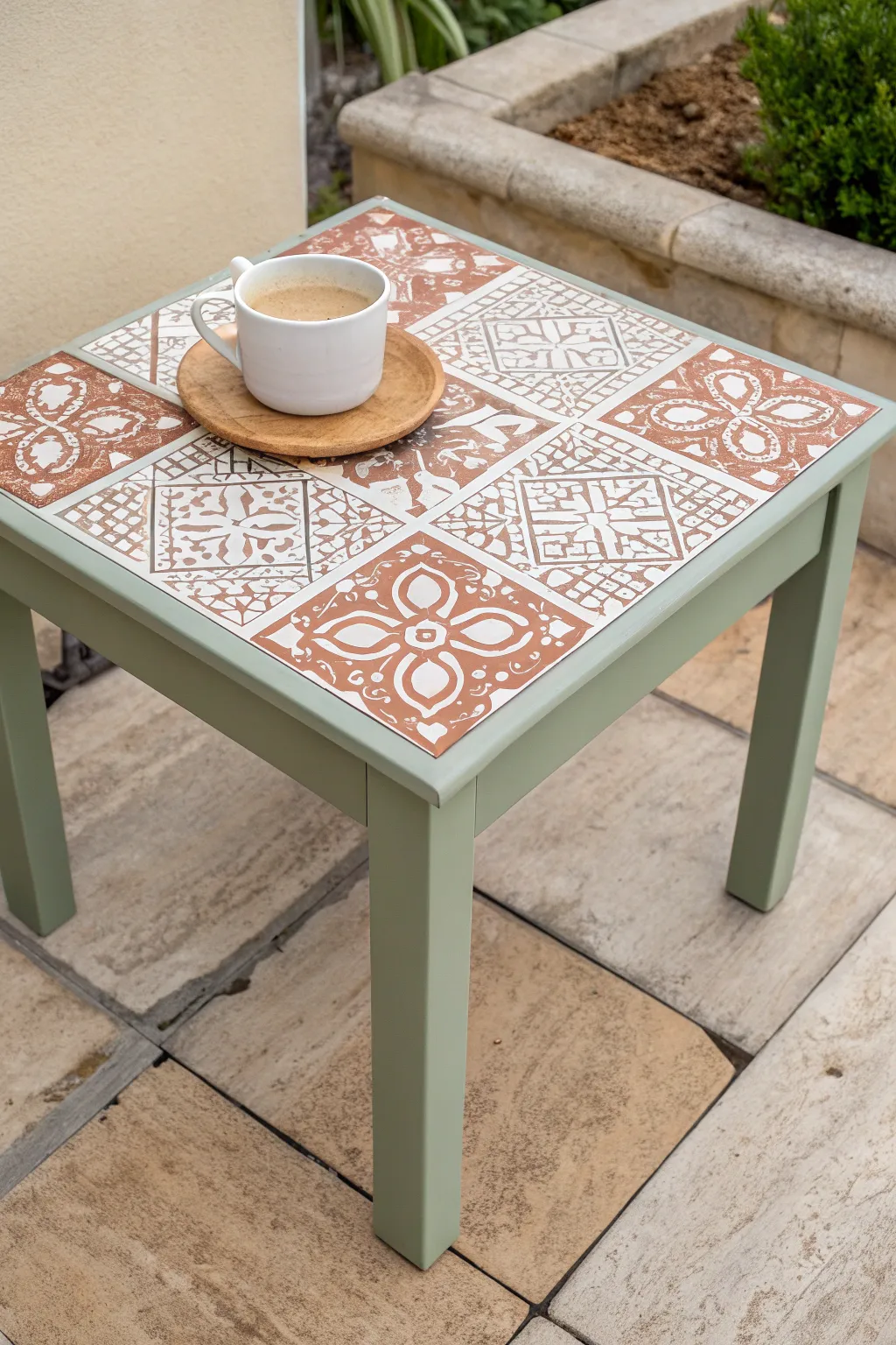 Give a simple side table a chic tile-stencil makeover for an effortless boho patio moment.