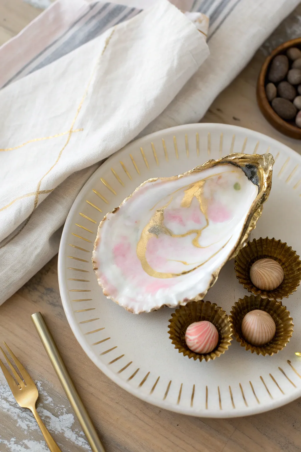 Painted oyster shell candy holder with gold rim, elevating a minimalist boho place setting.