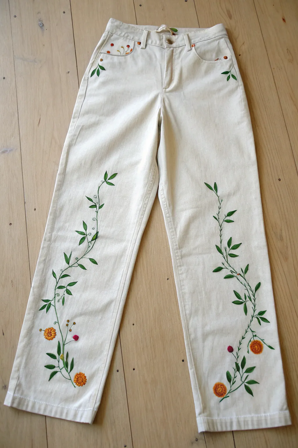 Minimal linen pants with hand-painted vines and berries, a fresh boho garden twist.