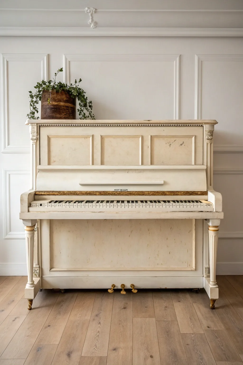 Distressed edges reveal warm undertones, giving a minimalist piano rich vintage character.