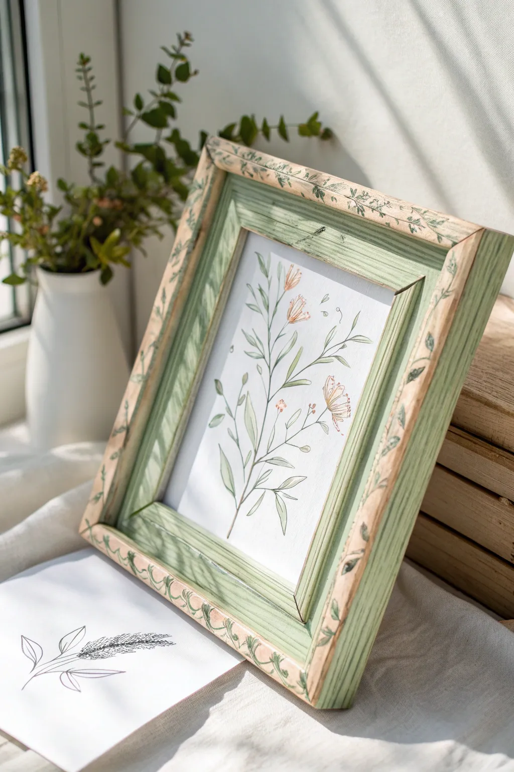 Airy pale frame with hand-painted spring vines, minimalist line sketch, clean bright contrast