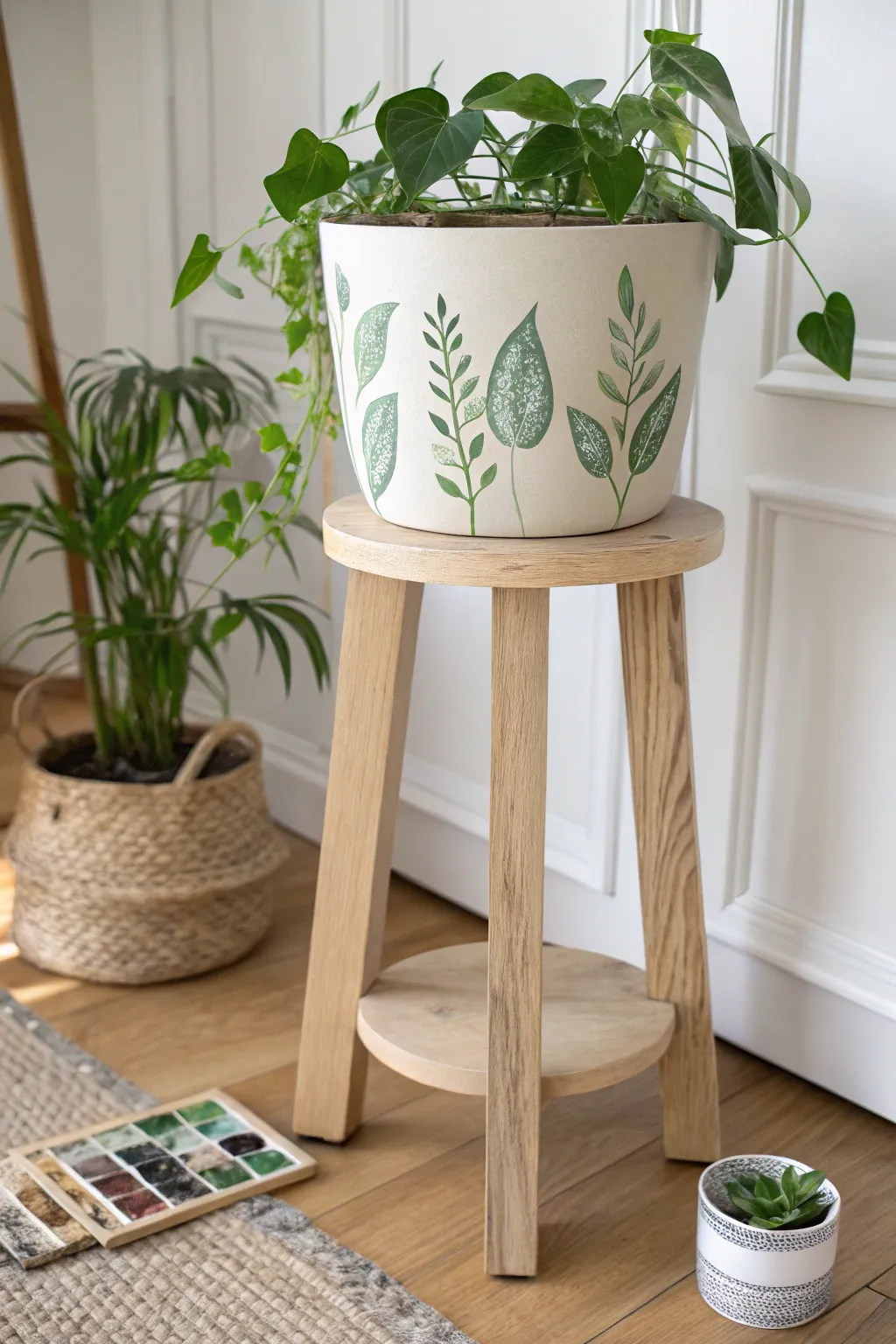 Soft scandi plant stand with hand-painted vines and a hint of boho green palette