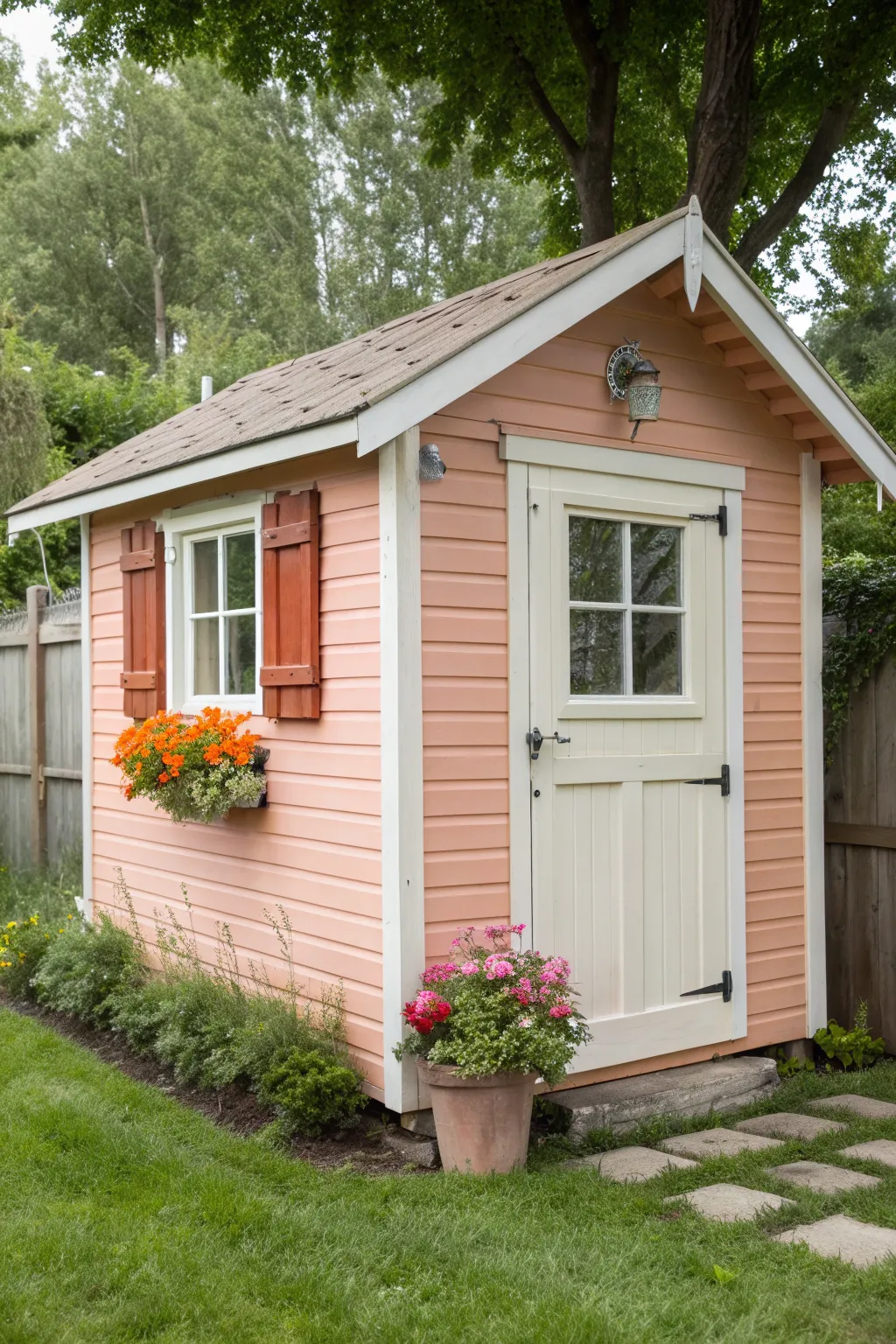 Color-matched shutters and window boxes give a painted shed a cheerful, styled finish