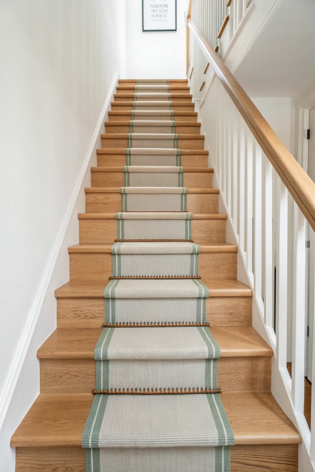 Alternating riser colors and a centered linen runner for a calm, crafted stair upgrade