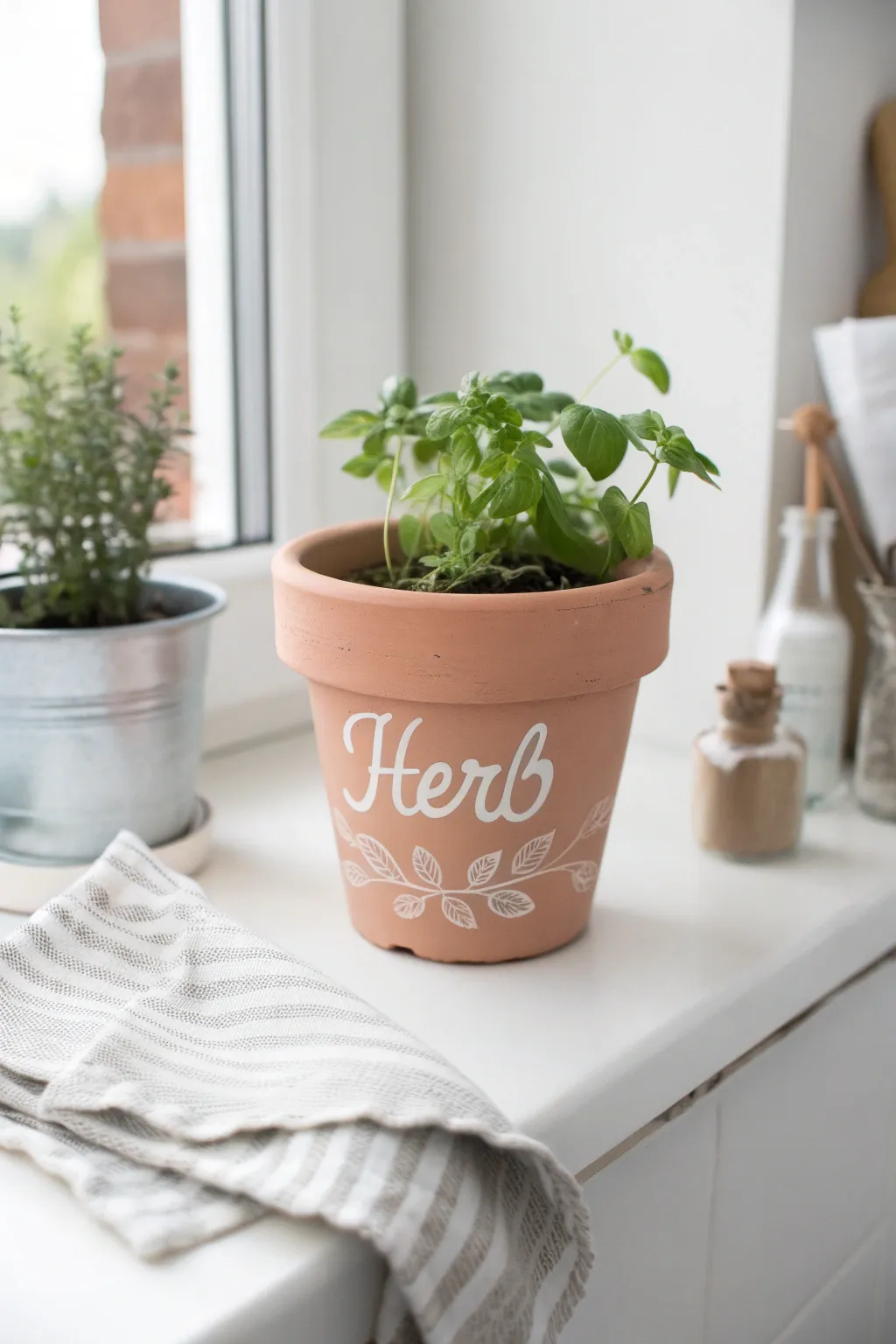 Minimalist boho herb pot: soft painted terracotta with hand-lettered label on a bright windowsill
