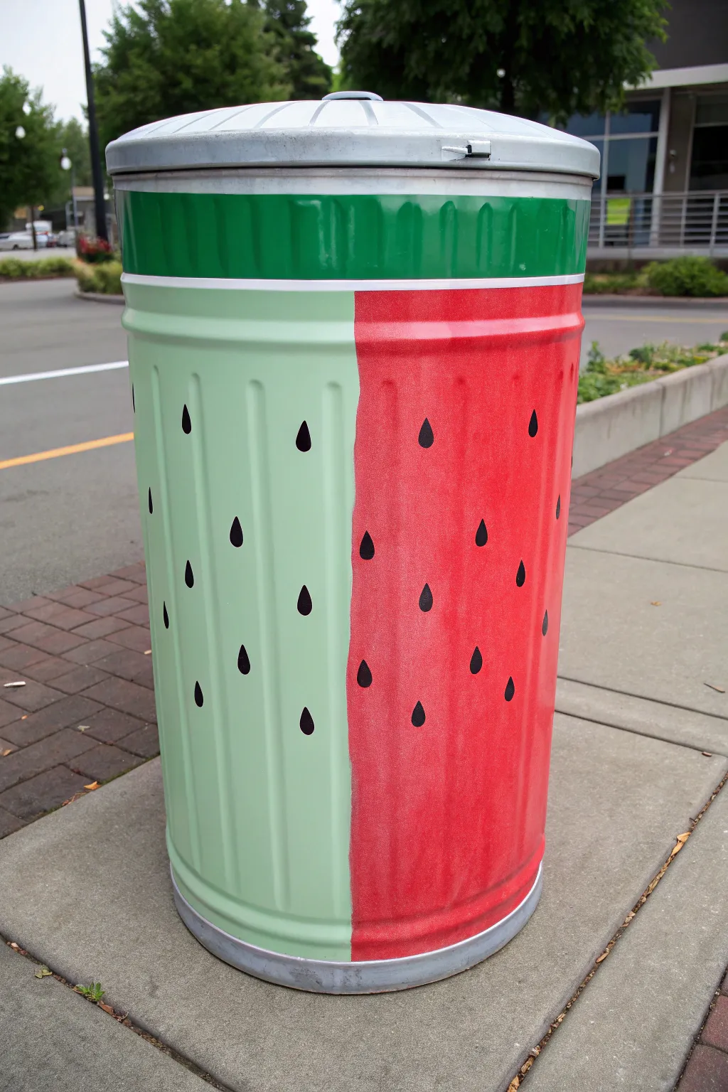 Half plain, half watermelon slice: a simple trash can makeover with bold color contrast outdoors.