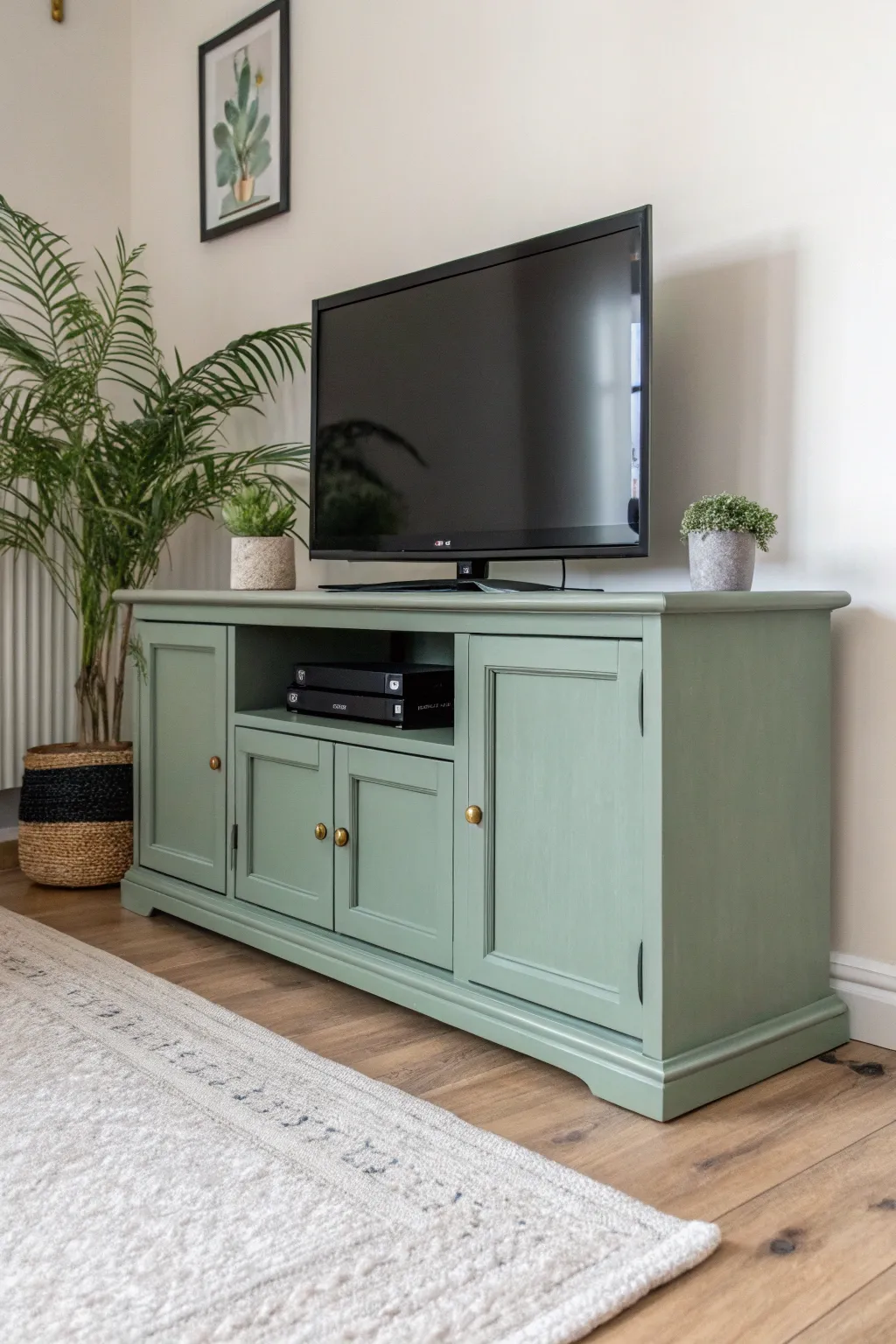 Sage green painted TV stand with jute texture and plants for a soft organic Scandinavian feel