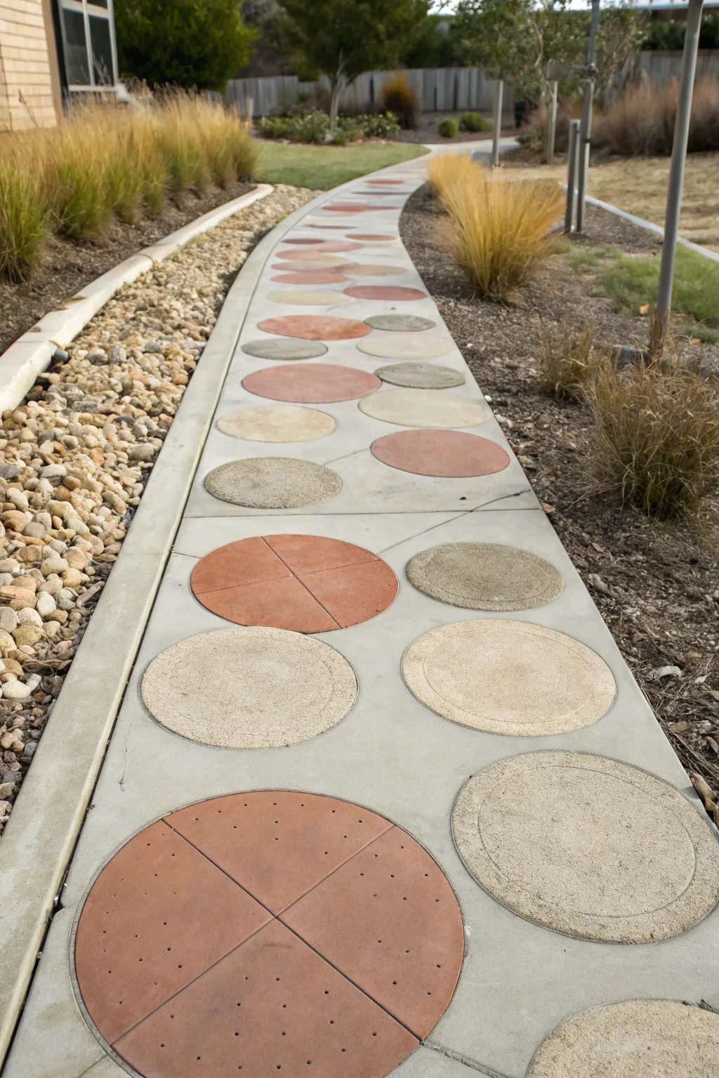 Minimal painted stepping stone circles form a rhythmic, modern walkway with soft boho warmth.