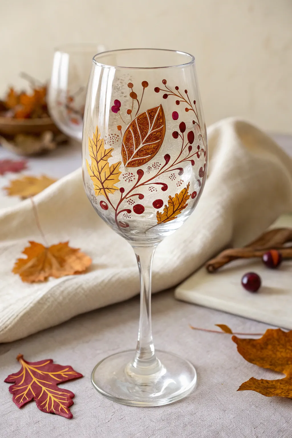 Hand-painted wine glass with fall leaves and berry dots for a cozy seasonal table