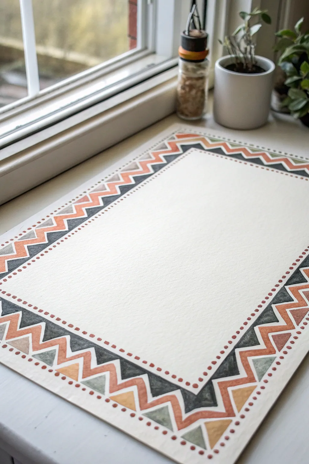 Clean zigzag and dot folk border in a muted palette, crisp lines for modern trim detail.